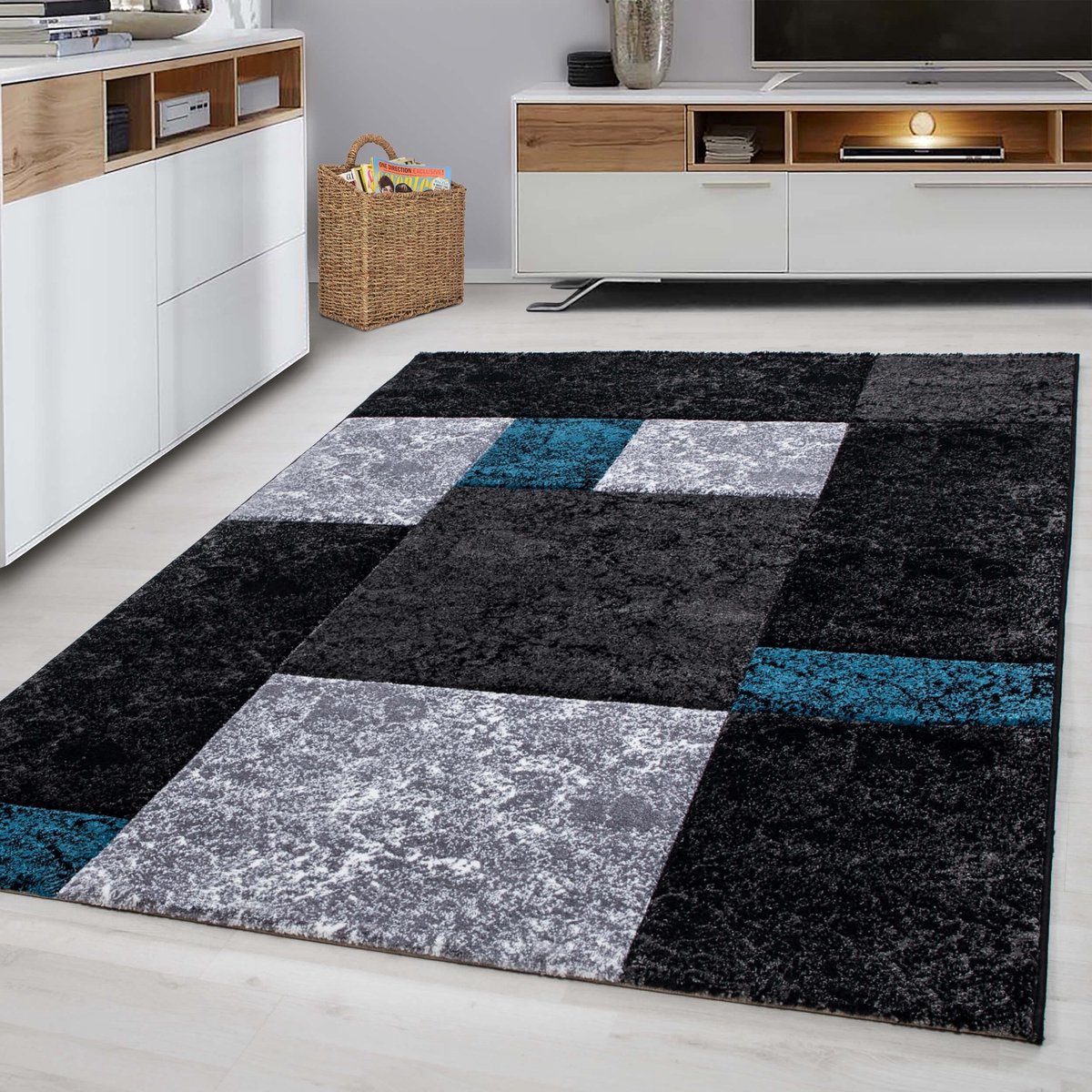 Ayyildiz Laagpolig vloerkleed met ruitpatroon, turquoise kleur, geschikt voor de woonkamer, met jute achterkant, afmetingen: 160 cm x 230 cm Turkoois