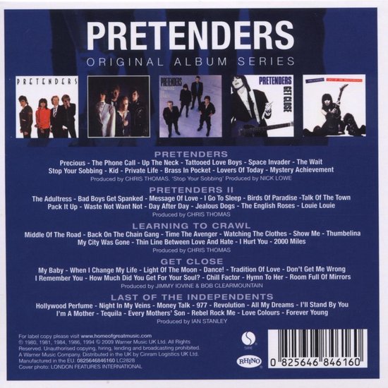 Vijf albumhoezen van The Pretenders: 'Pretenders', 'Pretenders II', 'Learning to Crawl', 'Get Close' en 'Last of the Independents'.