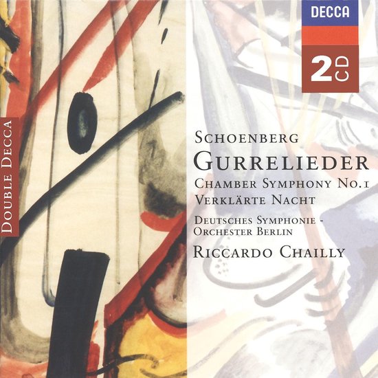 CD hoes met abstracte rode, zwarte en gele verfstreken op een witte achtergrond. Tekst: Schoenberg Gurrelieder.