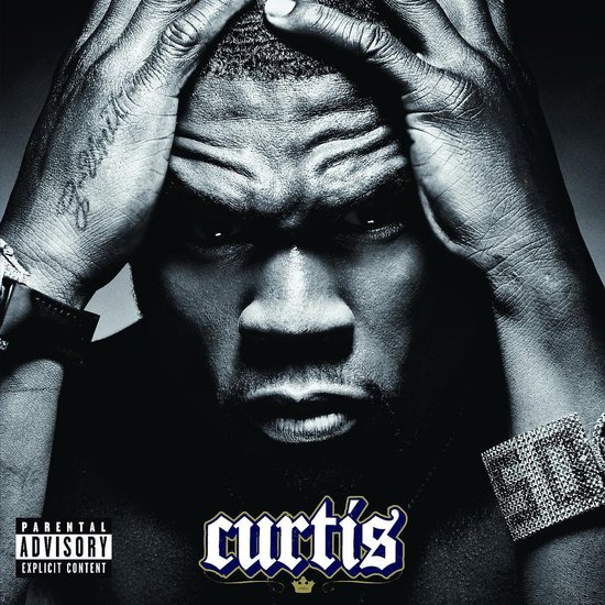 Albumcover van Curtis met 50 Cent die zijn hoofd vasthoudt.