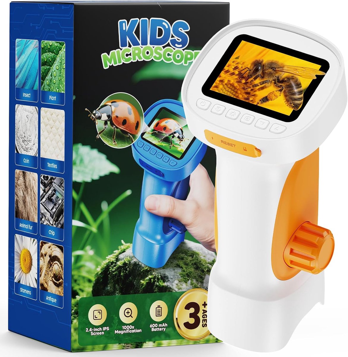 Bobypet - Kinder Microscoop met IPS Scherm - 1000X Digitale Zakmicroscoop voor Kinderen - Opneembare Handmicroscoop met 8 LED's, Type-C en PC Aansluiting - Oranje kleur