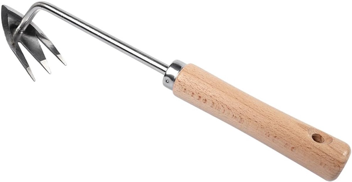 Onkruidtrekker met M-vormige klauw - Zilver - 27 cm - Roestvrij staal met Houten Handvat - Voor Tuin en Moestuin