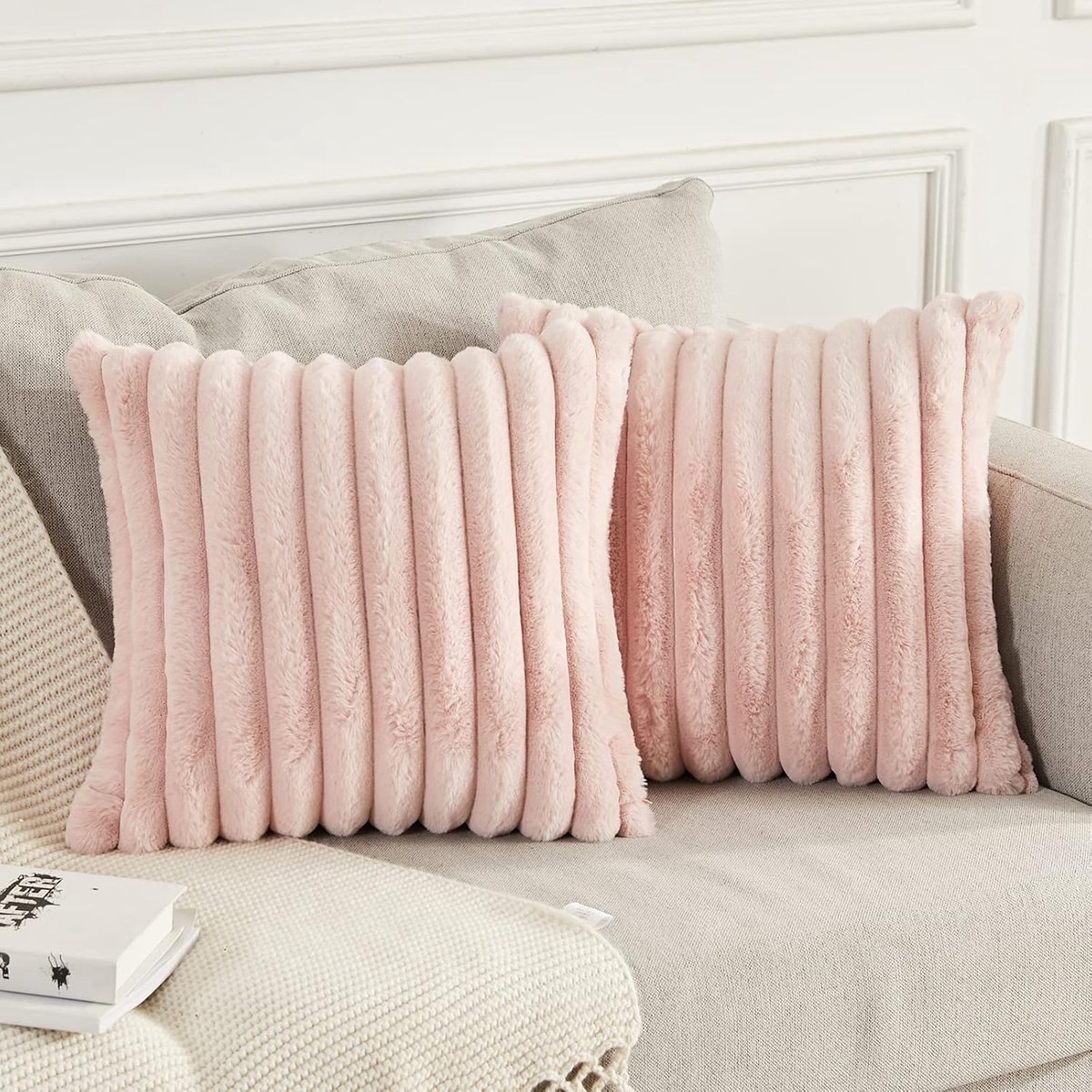 Pack of 2 Faux Fur Double Sided Plush Cushion Covers Decorative Fuzzy Striped Soft Pillowcase Cushion Covers for Sofa - ShopVlot
