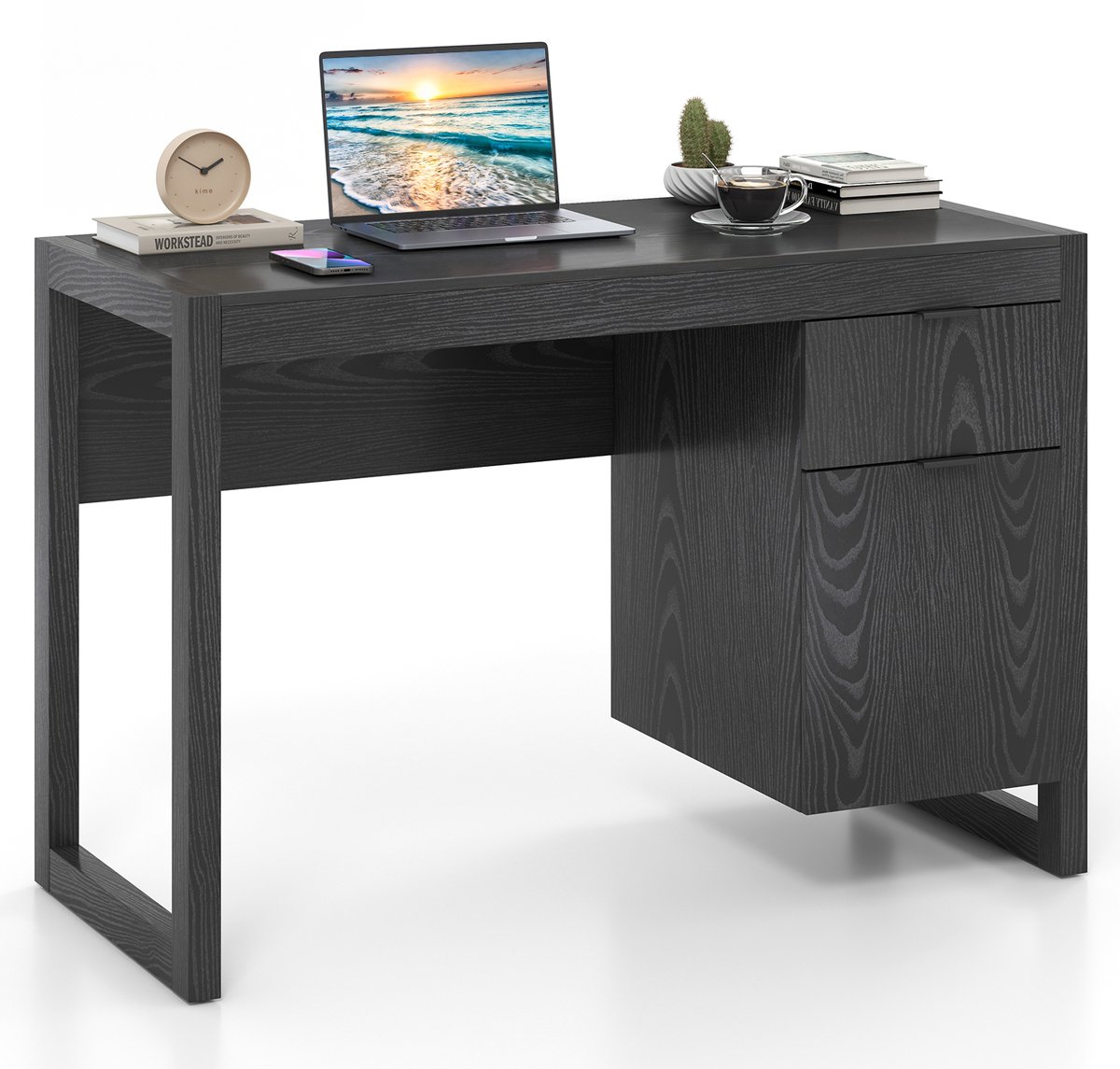 COSTWAY Bureau met Laden & Opbergkast, Computertafel met Dik Werkblad, Werktafel Bureaubureau Studiebureau voor Studiekamer Thuiswerkplek (Zwart)