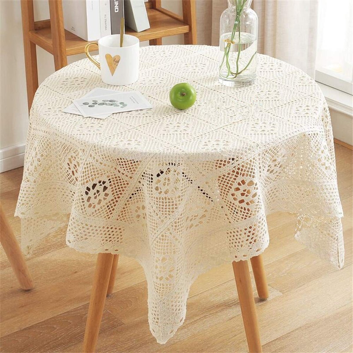 Solidchoice - Vintage Laken Tafelmat, Kant, 85 x 85 cm, Beige