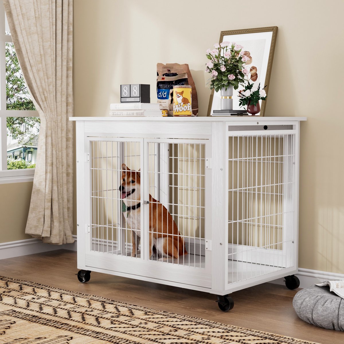 Intebiki hondenbench meubel - 80*56*69.5 cm hondenkooi - Houten kenneltafel met dubbele deuren - met 360° draaibare wielen - wit