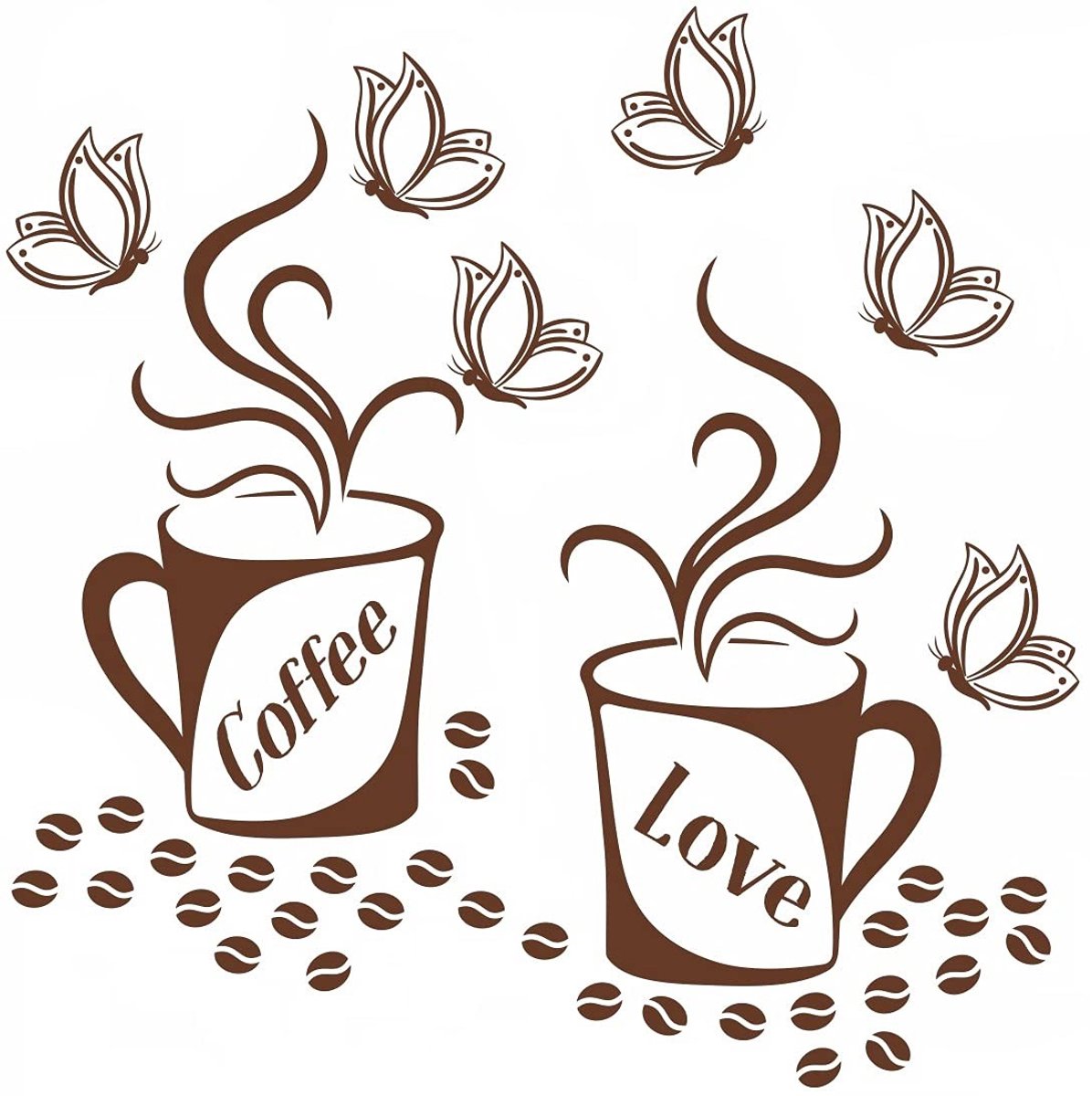 Solidchoice - Muursticker Koffiekopjes en Vlinders, Zelfklevend