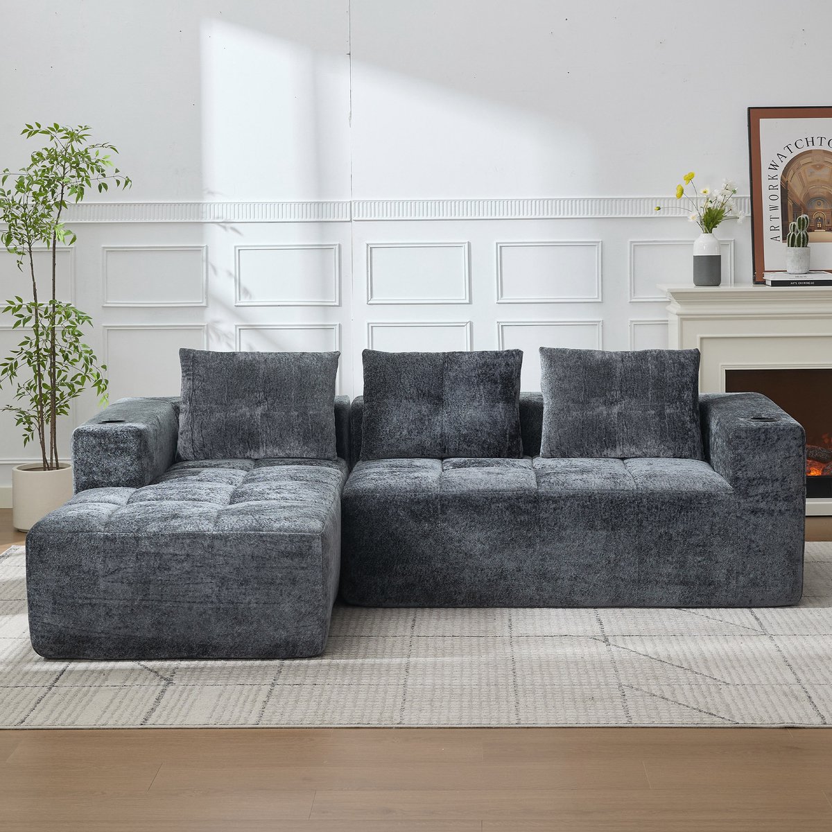 L-Shape Bank 258cm - Modern Gestoffeerd Bank Met Drie Kussens - 258x163x68 cm, Grijs