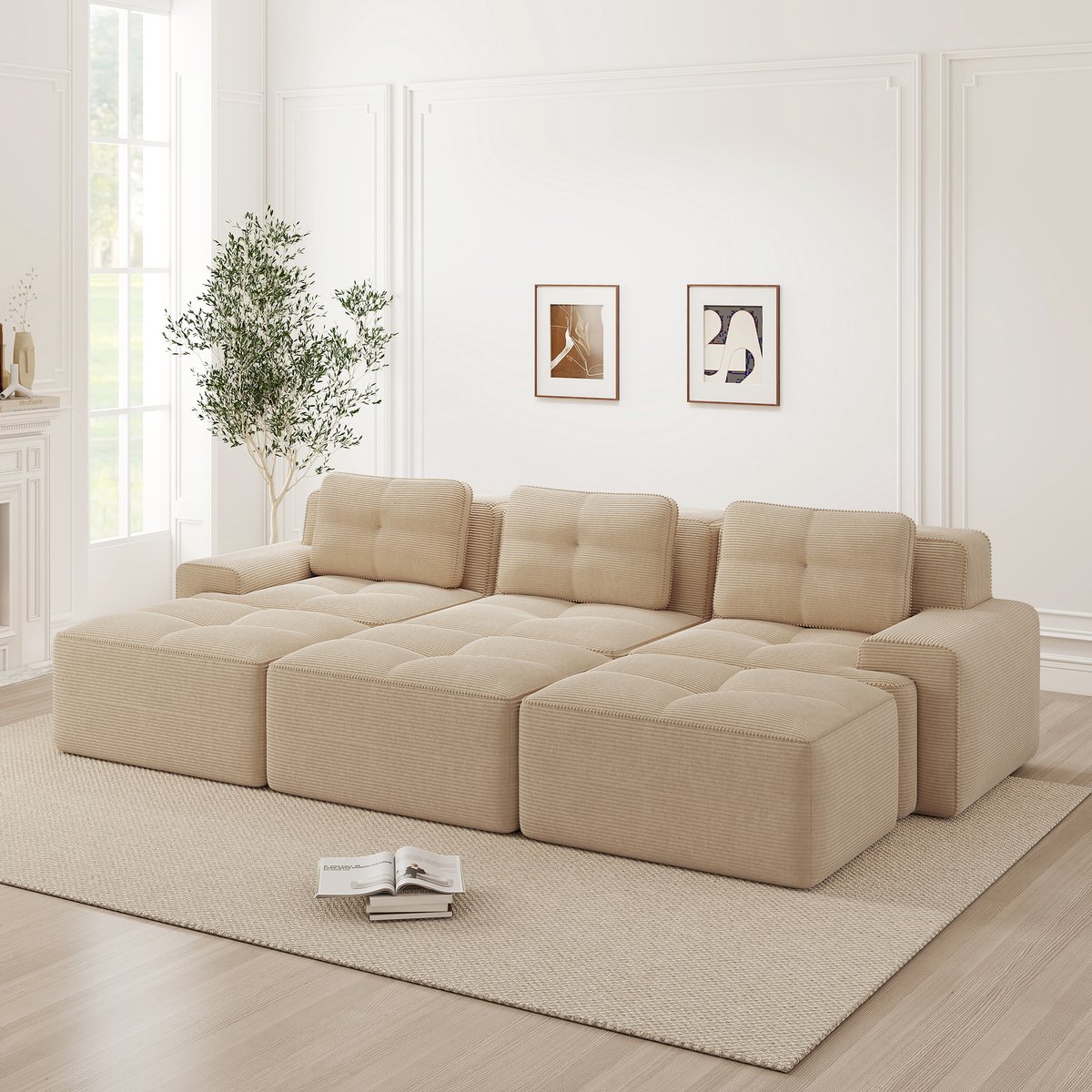 Modulaire Hoekbank 3-Zits - Frameloze Cloud Sofa Met Slaapfunctie En 3 Voetenbanken - Luxe Ribstof Bank Met Diepe Zit - Uitschuifbare Lounge Bank Voor Woonkamer - Beige