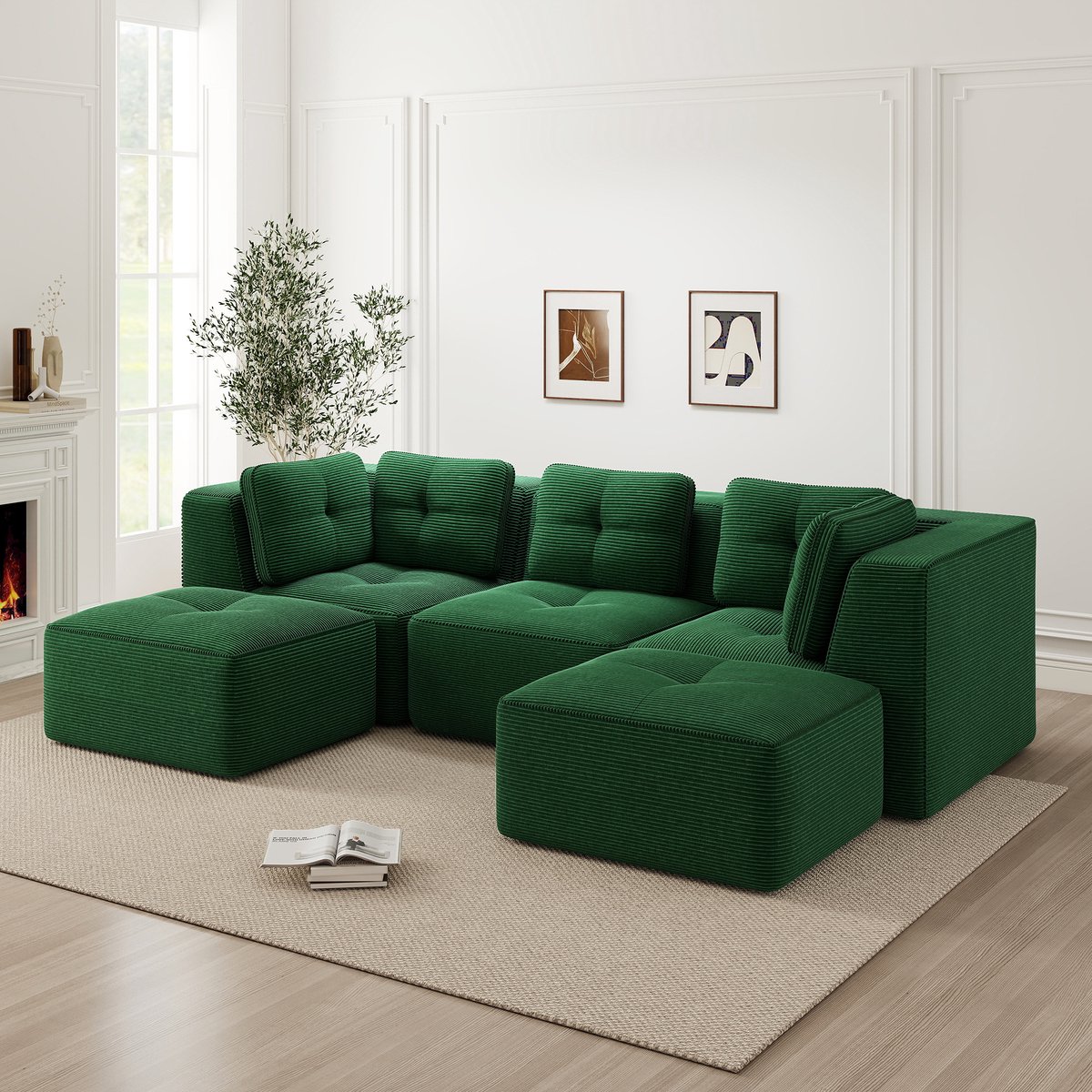 Modulaire Hoekbank - 3-Zits Corduroy Cloud Sofa Met Hocker - Frameloze Lounge Bank Met Diepe Zit En 32D Schuimvulling - Zachte Ribstof Bank Zonder Montage Voor Woonkamer - Groen