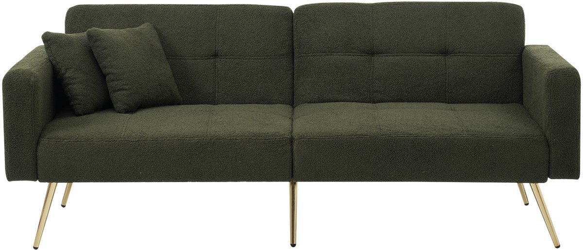 Slaapbank - 2 Zits Verstelbare Sofa Met Teddy Stof En Gouden Poten - Compacte Bank Met Ligfunctie En Opbergzakken - Comfortabele Relaxbank Voor Woonkamer, Slaapkamer En Appartement - Groen