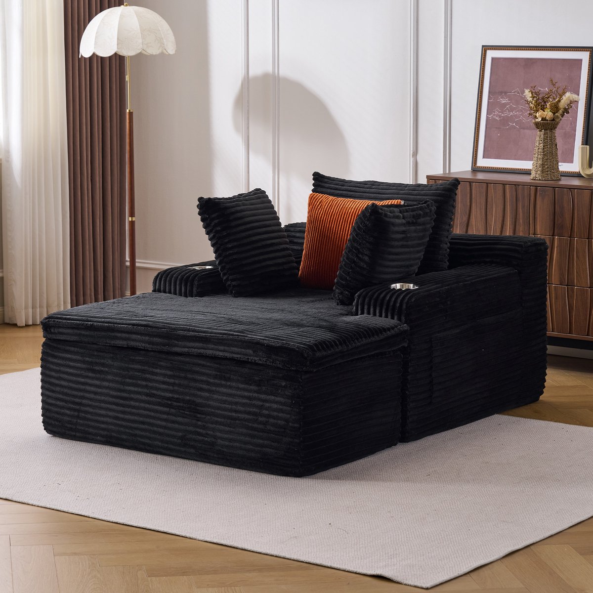 Cloud Bank - Zitbank Zonder Frame Met Chaise Longue - Zwart Corduroy - 3 Kussens