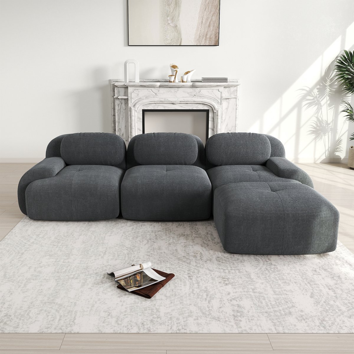 Modulaire Hoekbank - Ribstof Cloud Sofa 3-Zits Zonder Montage - Frameloze Lounge Bank Met Brede Armleuning - Zachte Diepe Zitbank Voor Woonkamer - Grijs