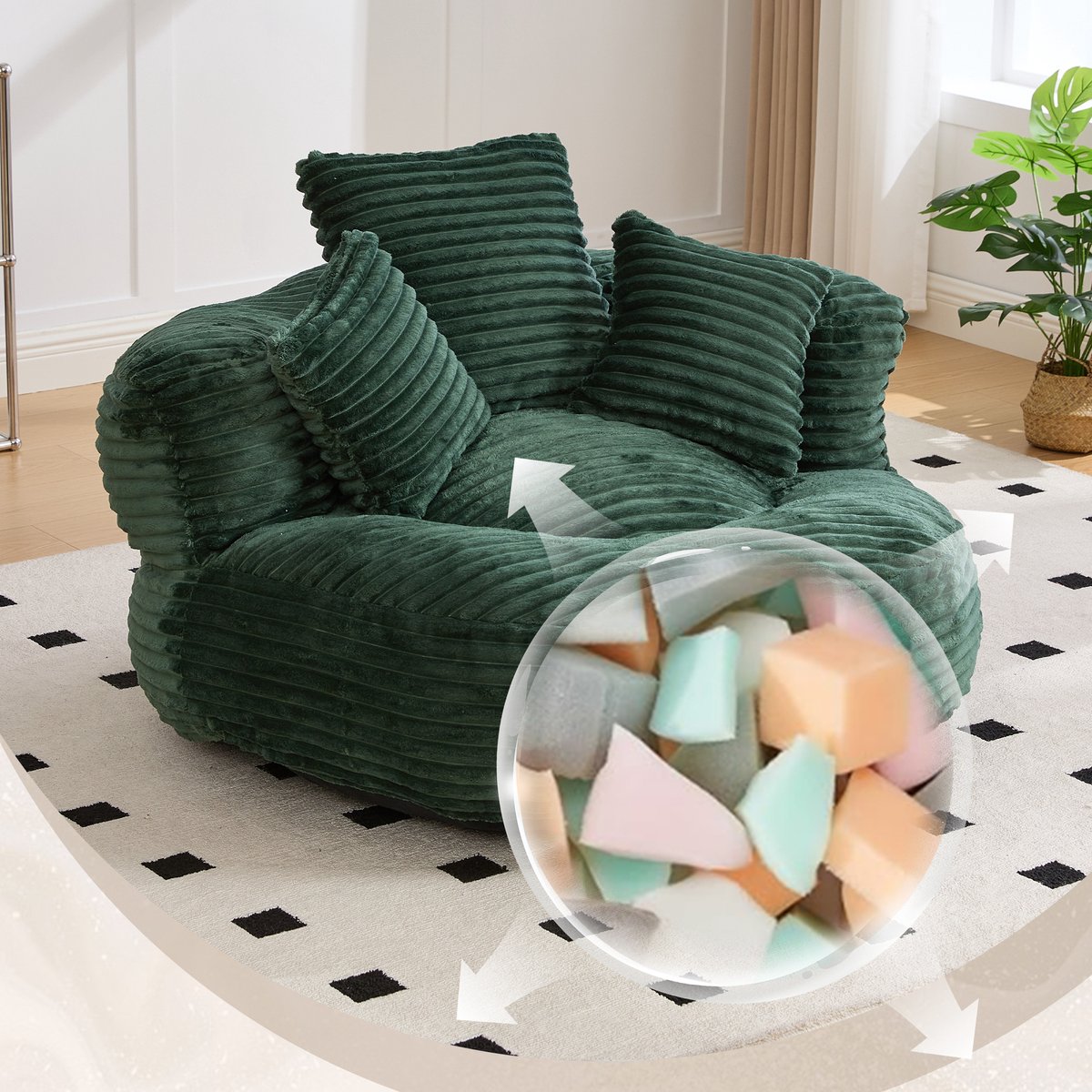 Bean Bag Stoel - Corduroy Lounge Chair Oversized 1-Zits Relaxfauteuil - Zachte Lazy Sofa Met Hoge Rugleuning En 3 Kussens - Comfortabele Gaming Stoel Voor Woonkamer Slaapkamer - Donkergroen