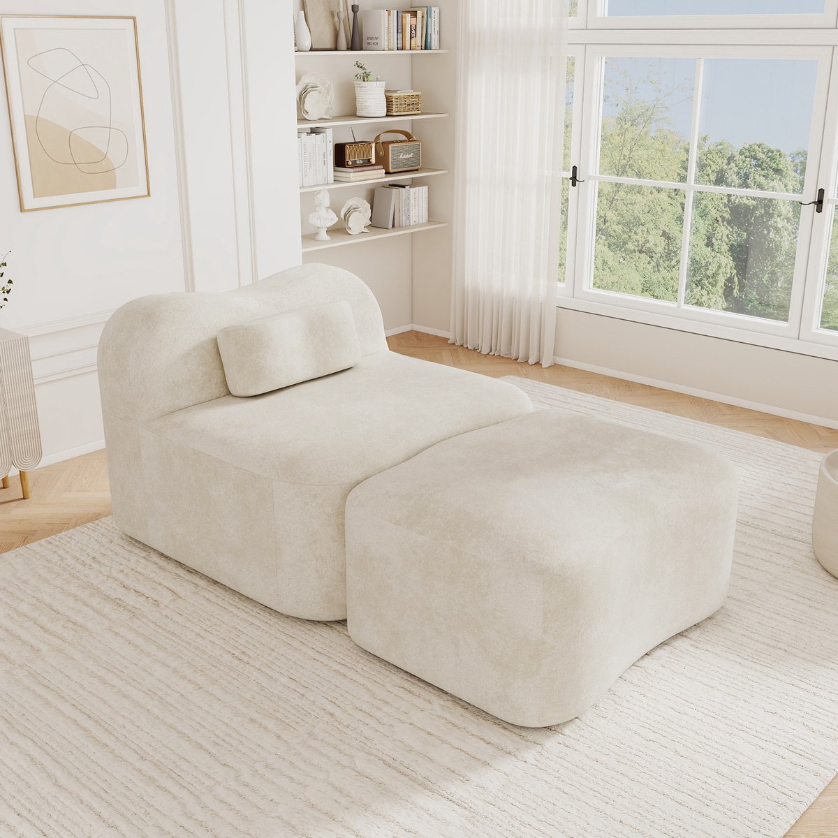Modulaire Fauteuil Beige - Frameloze Velvet Sofa Met Hocker - Zachte Lounge Stoel Voor Woonkamer