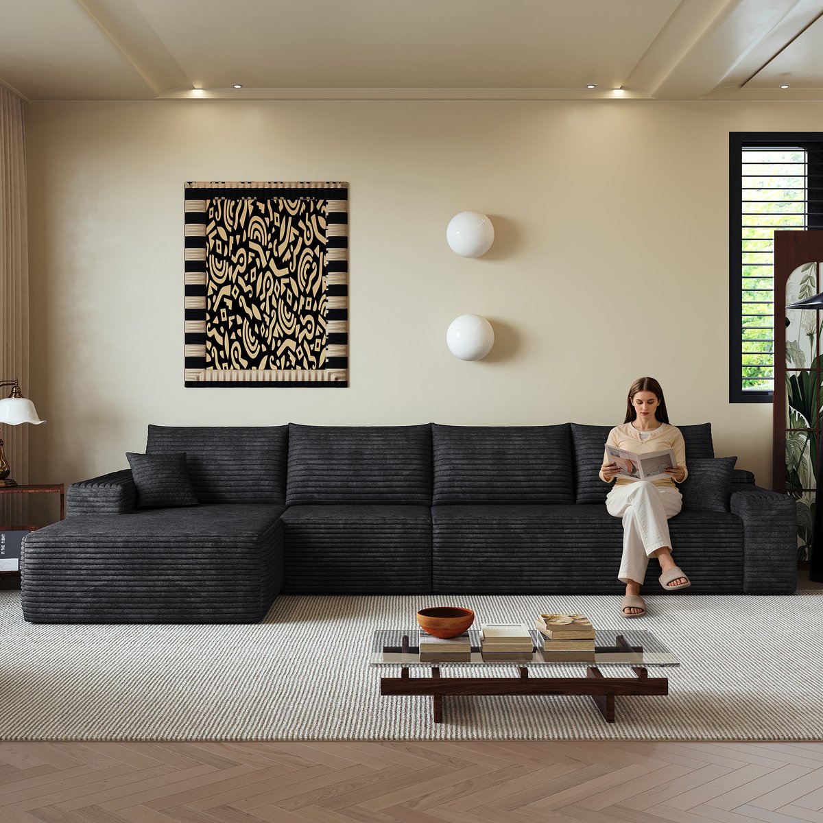 Modulaire Hoekbank - 4 Zits L Bank Met Chaise Longue - Frameloze Ribstof Sofa Met Diepe Zit En Zachte Schuimvulling - Grote Lounge Bank Zonder Montage - Compressie Bank Voor Woonkamer Appartement - Zwart