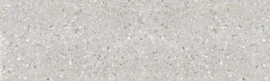 Lichtgrijze vloer met een terrazzo-look, bestaande uit kleine, gekleurde spikkels.