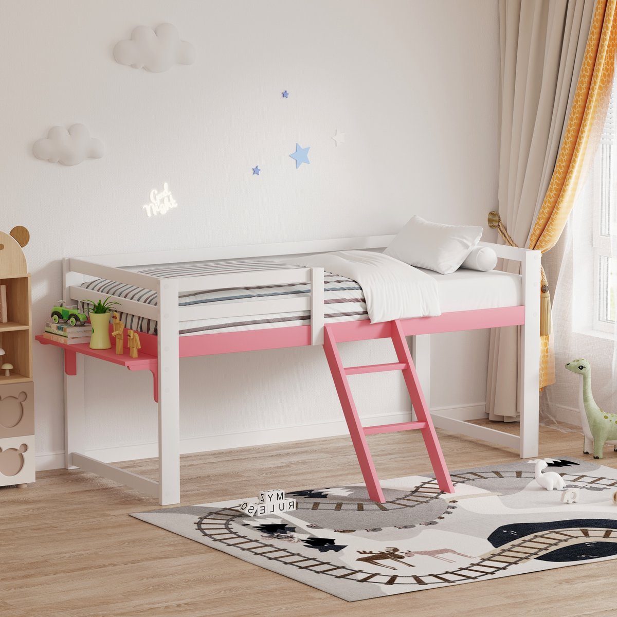 PHOEBE CAT Halfhoogslaper - 90 x 200 cm - Kinderbed - Houten frame - Met valbeveiliging - Opbergplank - Wit + Roze