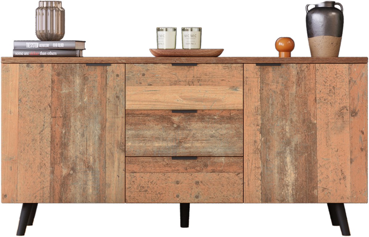 TV-Schrank 140 cm - Sideboard mit verstellbaren Regalböden und 3 Schubladen - Vintage Braun