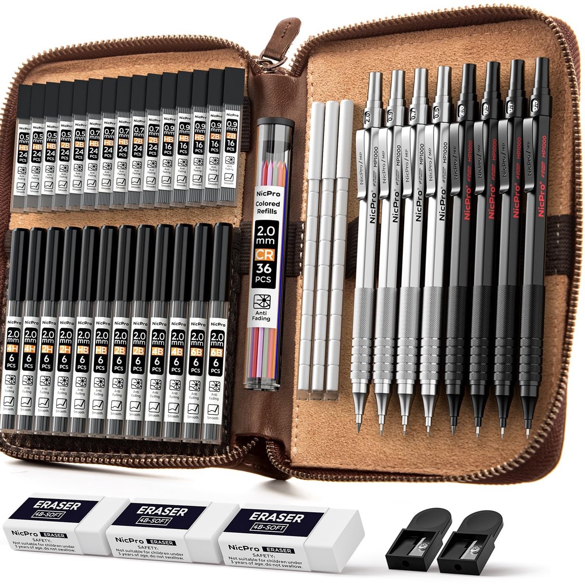 Solidchoice - 45-delige Set Zwart & Zilver Metalen Mechanische Potloden in Leren Etui - Voor Kunst en Tekenen