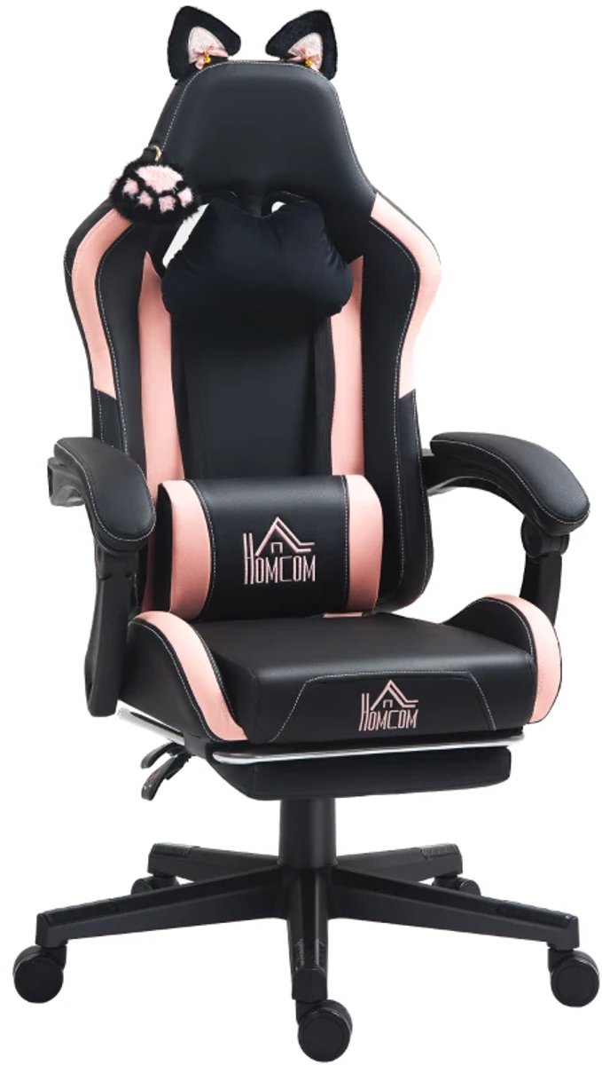 Ergonomische Gamingstoel met Kattenoortjes, Uitschuifbare Voetensteun - 135° Verstelbare Rugleuning - In Hoogte Verstelbaar - Relaxfauteuil - Bureaustoel - TV Stoel - Roze / Zwart