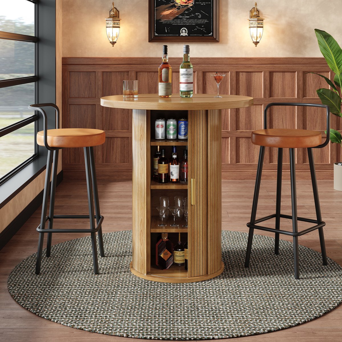 Clruro Bartafel - Ø60 × 91,6 cm - Rond met Opbergkast - MDF/Metaal - Houtkleur