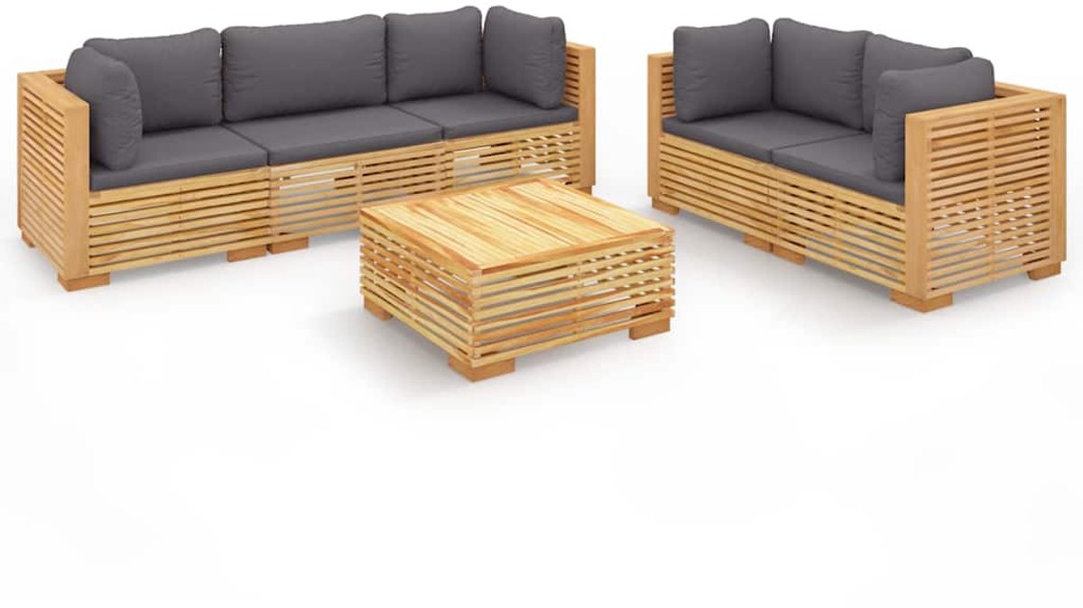 vidaXL 6-delige - Loungeset - met - kussens - massief - teakhout Donkergrijs