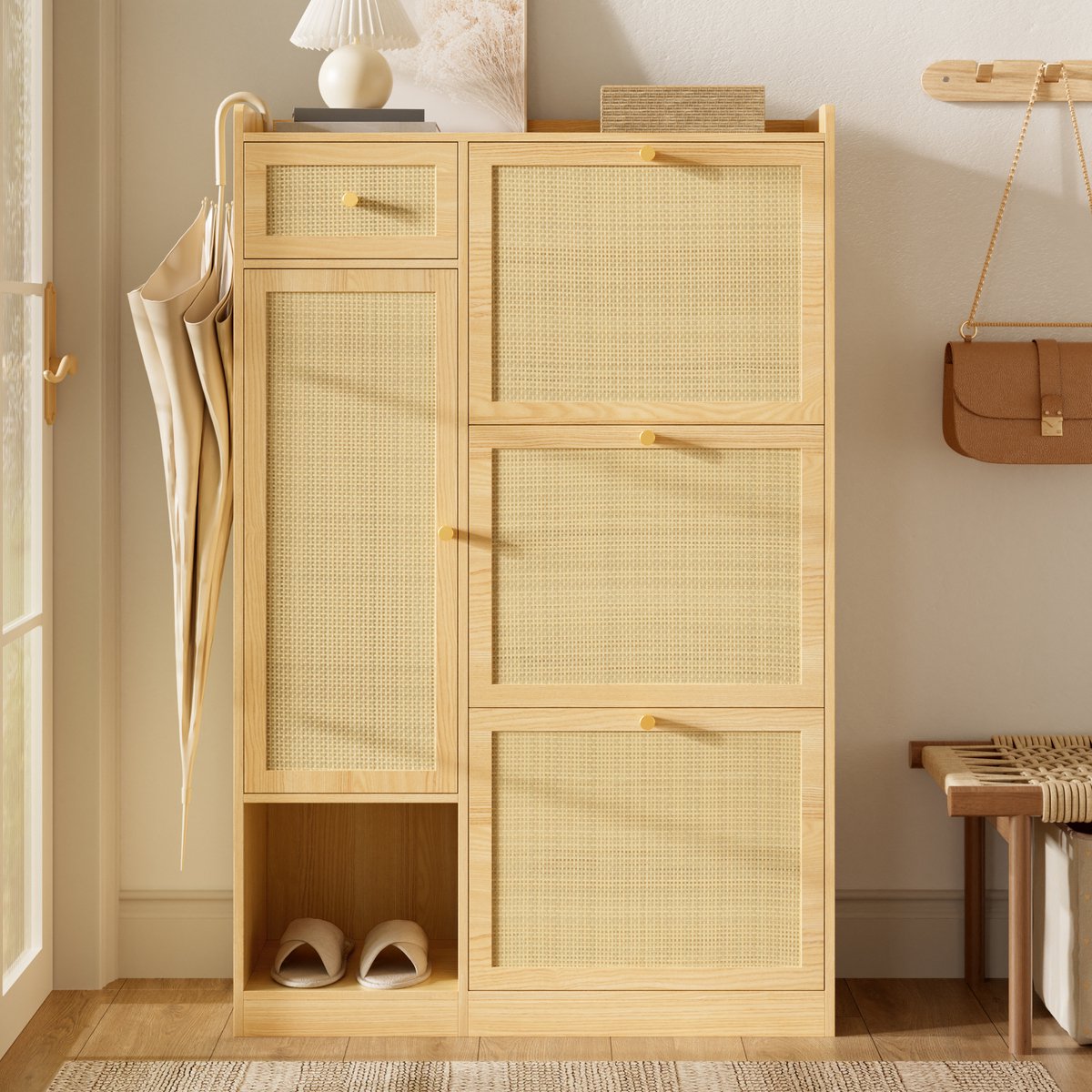 VVBV Schoenenkast 80.5x25x125 cm - Smal Ontwerp, Opbergruimte, Met Lades, Ruimtebesparend - Naturel, Spaanplaat