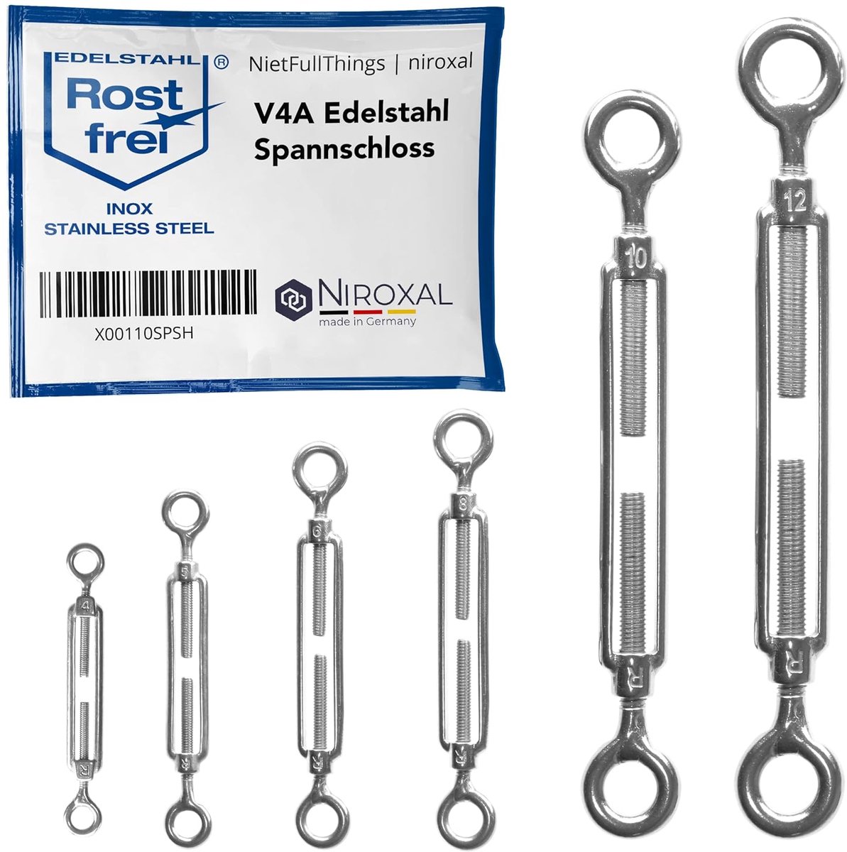 Pack of 5 V4A stainless steel turnlock with two eyelets according to DIN 1480 1478 cable tensioner, eye screw - ShopVlot