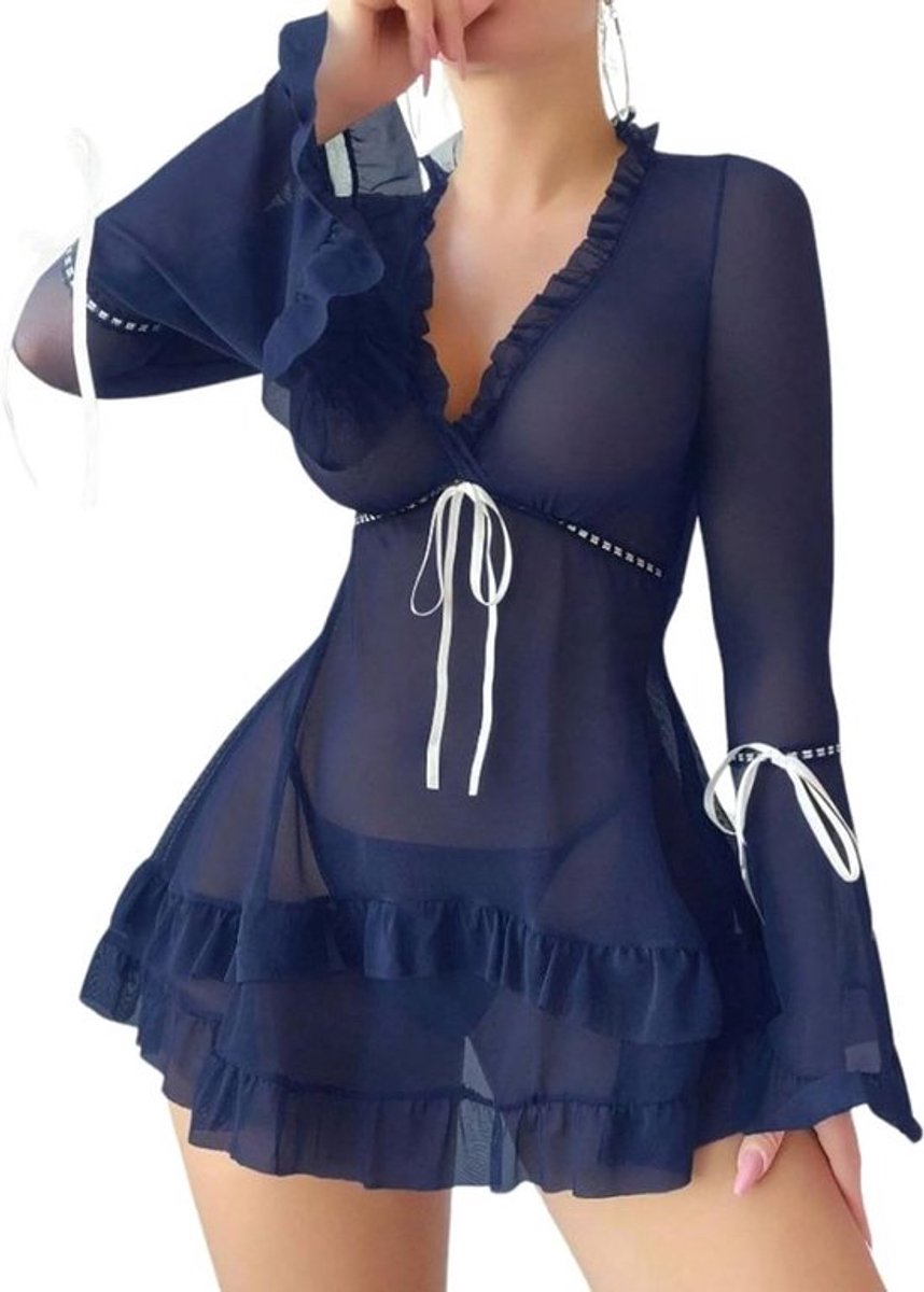Lingerie Jurk met Ruffles en G-String - Transparante Nachtkleding met Lange Mouwen, Sexy Pyjama en Ondergoed Set voor Vrouwen