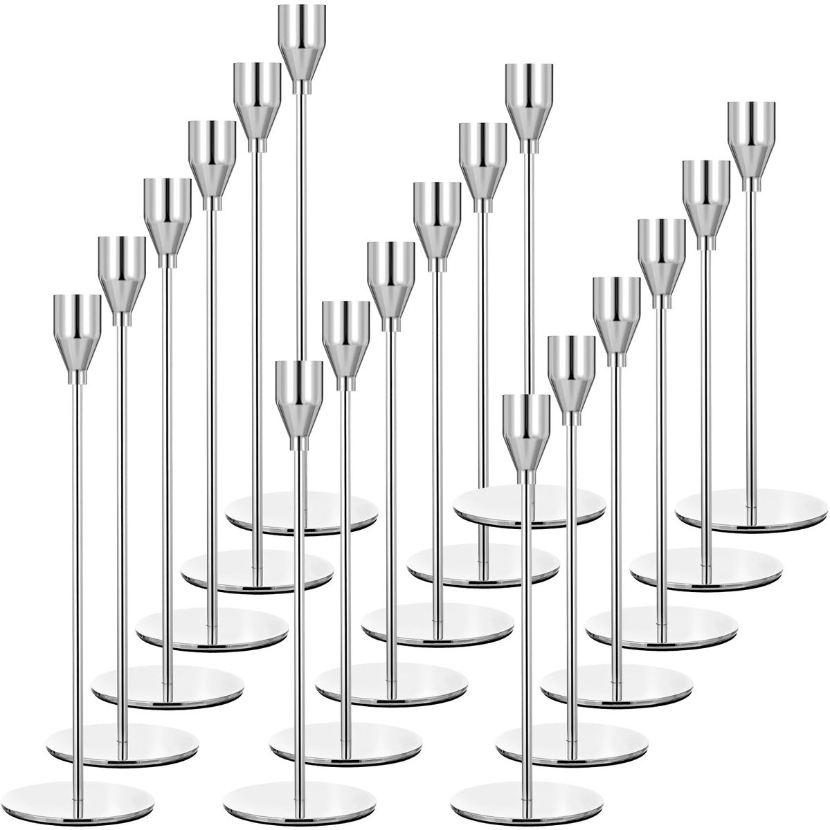 Solidchoice - Set van 18 Zilveren Kandelaars - Hoge Metalen Kandelaars voor Puntige Kaarsen