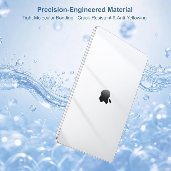 Une housse d'ordinateur portable transparente avec logo Apple, entourée de bulles et de lignes d'eau ondulantes.