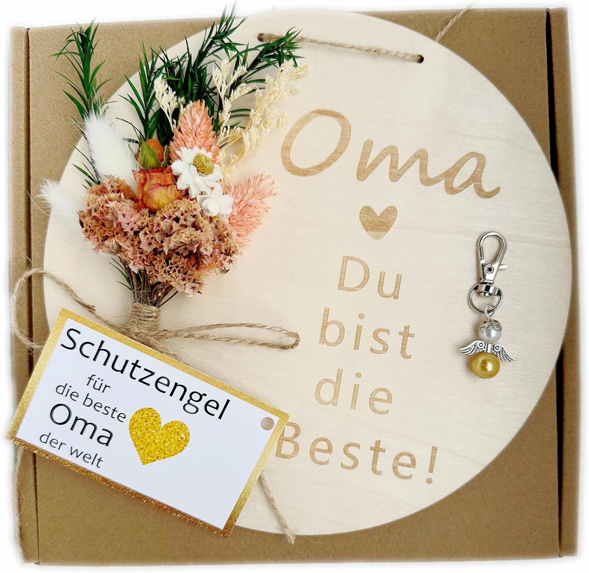 Houten bord met droogbloemen - Oma du bist die Beste - Cadeau voor oma - Cadeau voor Moederdag - Cadeau met droogbloemen cadeau voor Moederdag