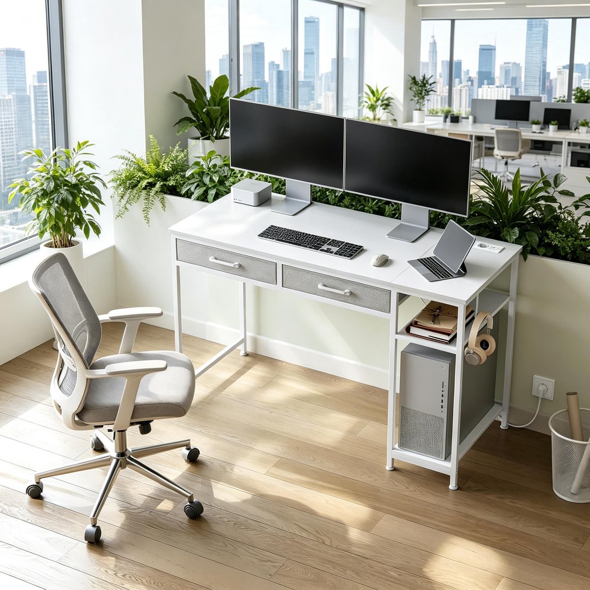MIVRAY Bureau - Computer Bureau Met 2 Stoffen Laden En Zijplank - Voor Werk Studeren En Gamen - Metaal En Hout - Wit - 120 Cm
