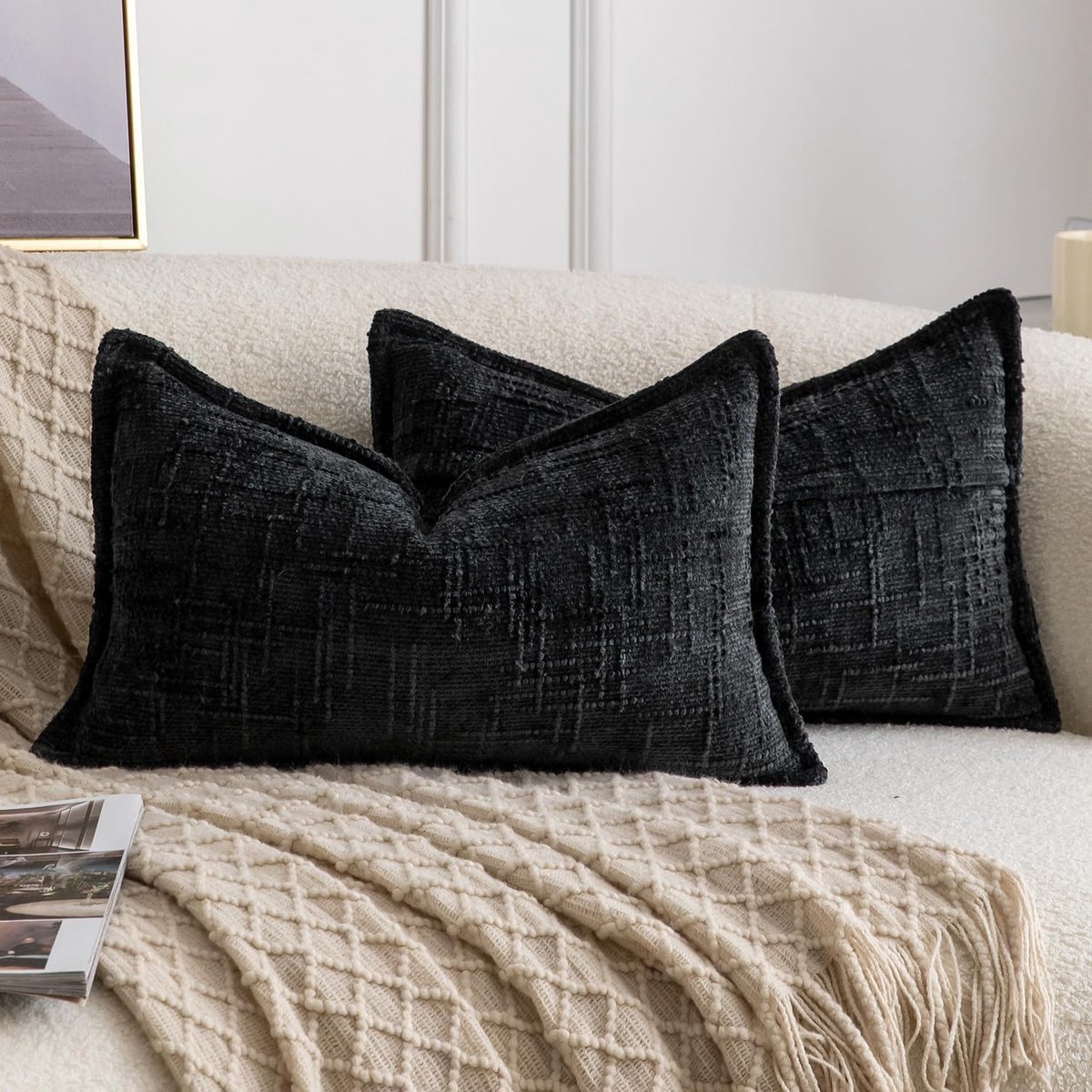 Madizz Set van 2 Zachte Chenille Kussenhoezen voor Sofa Zwart