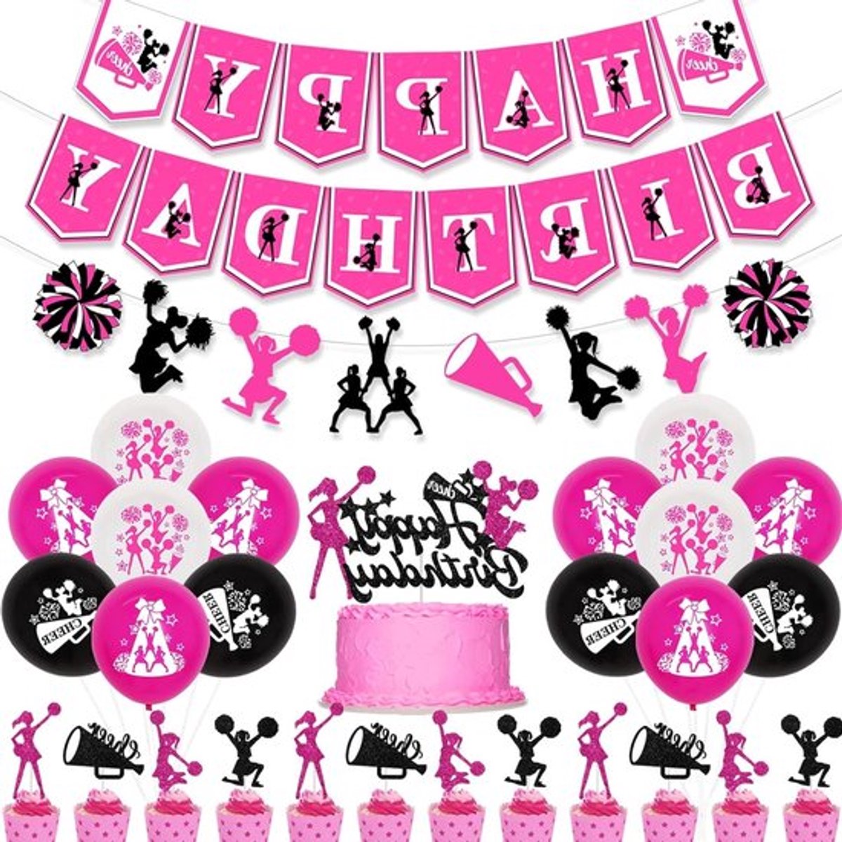 Verjaardagsfeestdecoraties voor Cheerleading met Roze en Zwart, Happy Birthday Banner, Taarttopper en Ballonnen voor Gymnastiek en Sportieve Feesten