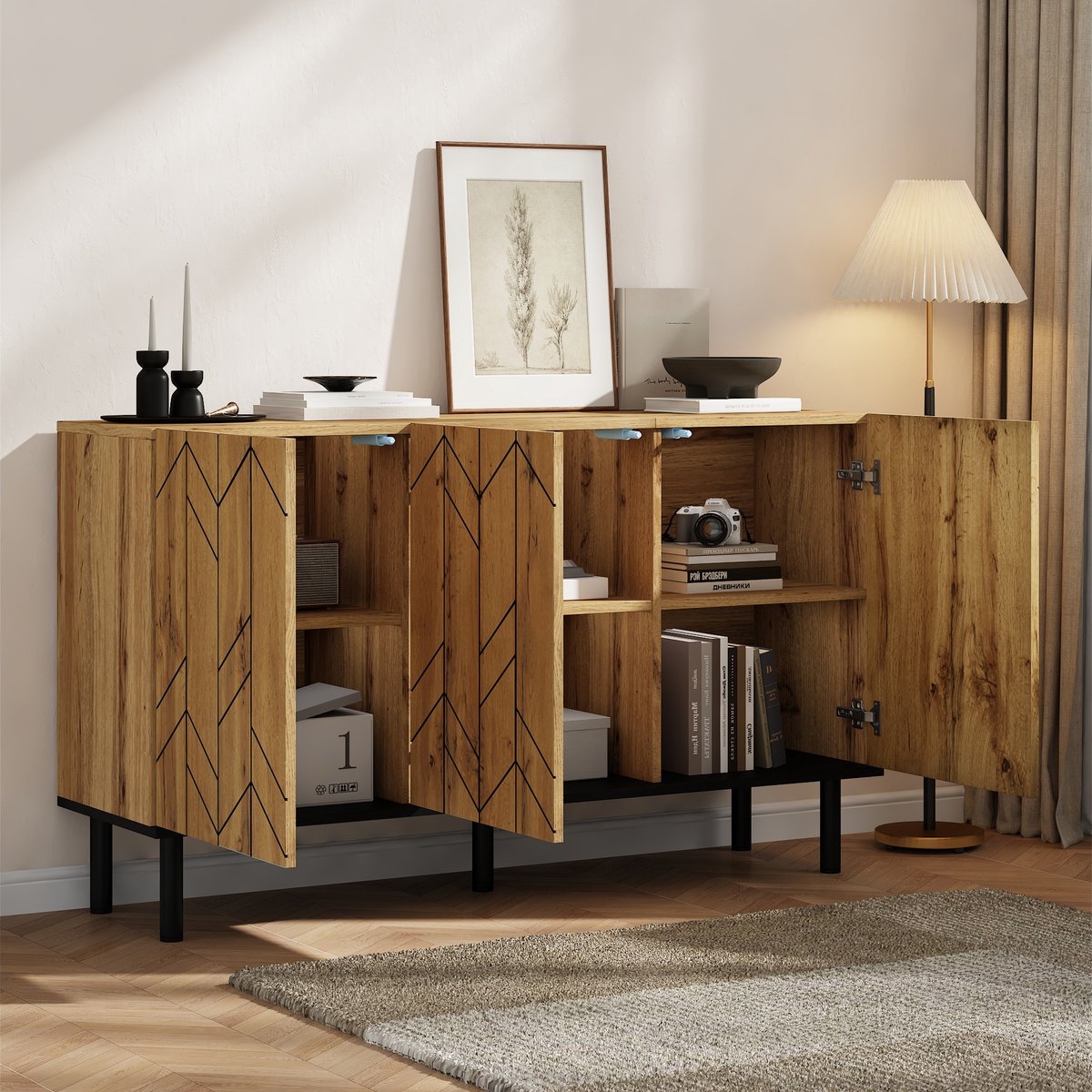 Moderne dressoir 120x35x70cm - met slot op de opbergvakken - met golfpatroon - voor woonkamer - eetkamer - gang - houtkleur