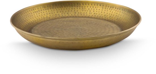 Gouden metalen dienblad met een patroon van kleine puntjes aan de rand.