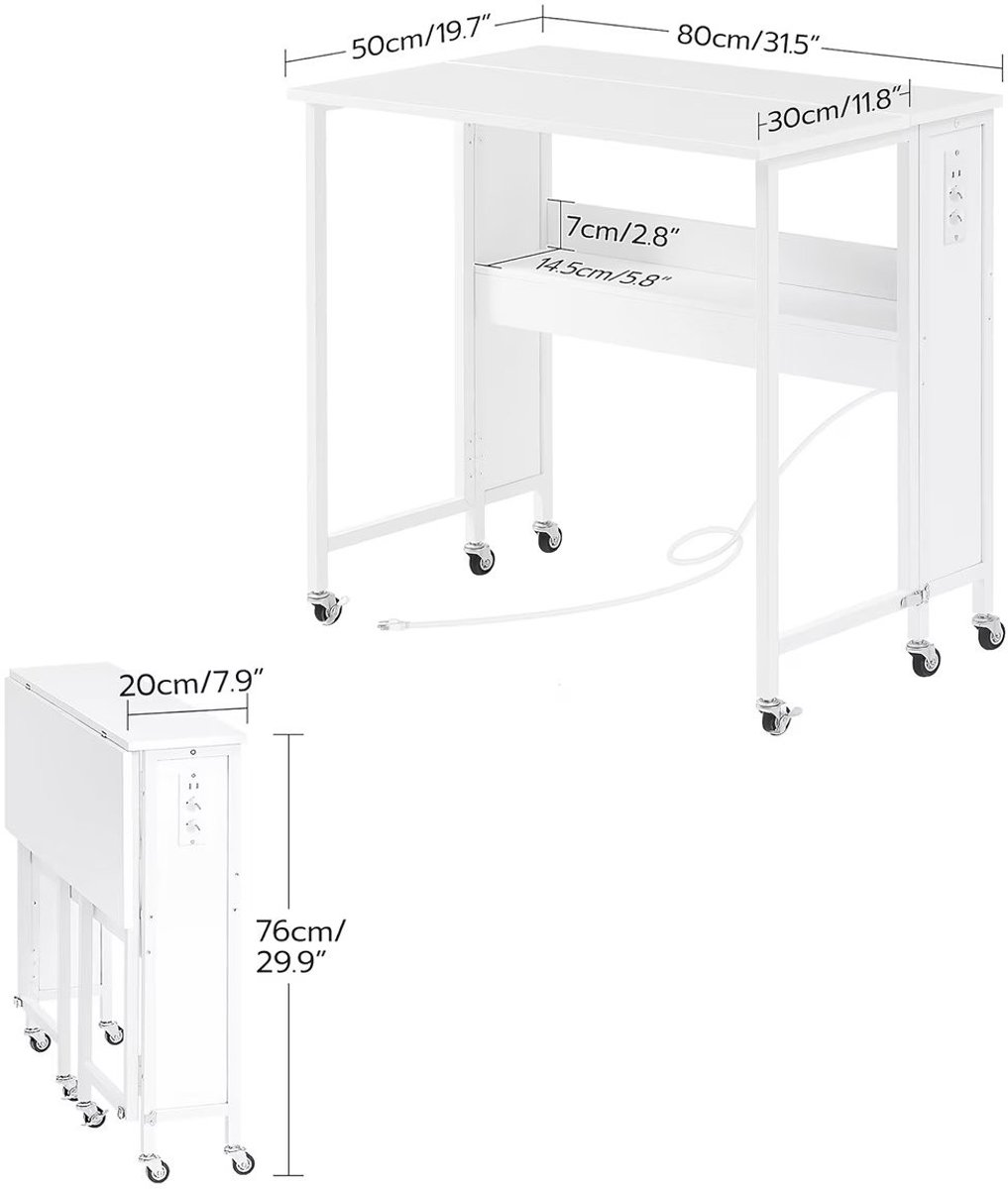 J.T.R Witte opvouwbare laptoptafel met wielen en oplaadstation 80x50 cm - Mobiel computerbureau voor thuiswerk..