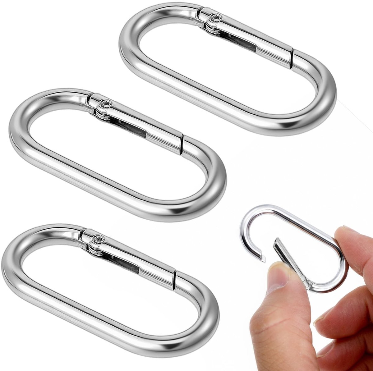 Dailygoods - 3 stuks ovale veerkarabijnhaken, ovaal, klein, metalen ringkarabijnhaak, sleutelhanger, voor reizen, vissen, kamperen, wandelen, hangmatten, rugzak (zilver)