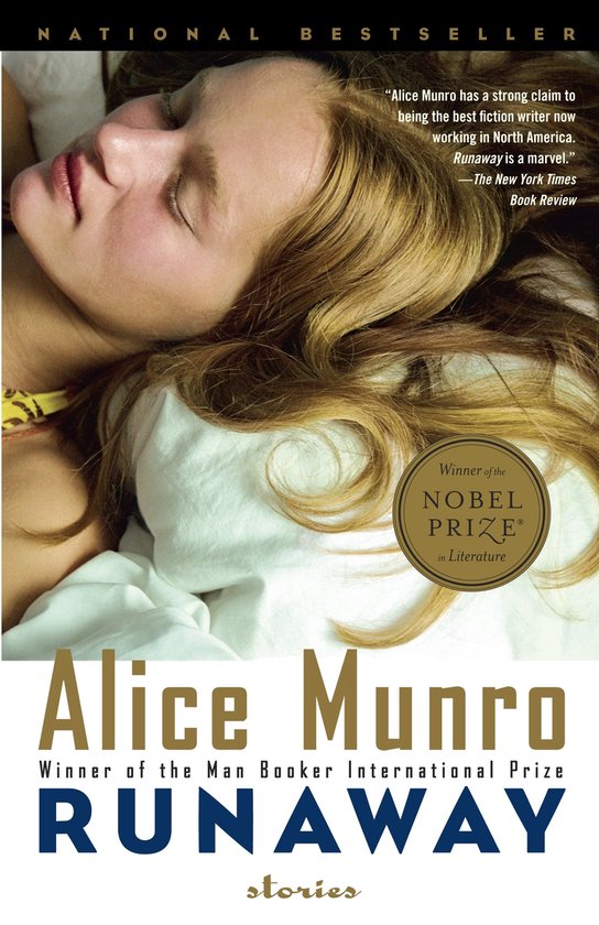 Couverture du livre 'Runaway' d'Alice Munro avec une jeune femme endormie. National Bestseller, Prix Nobel de Littérature.