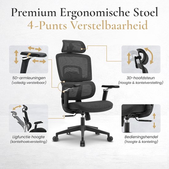Zwarte ergonomische bureaustoel met 5D armleuningen, 3D hoofdsteun, ligfunctie en bedieningshendels.