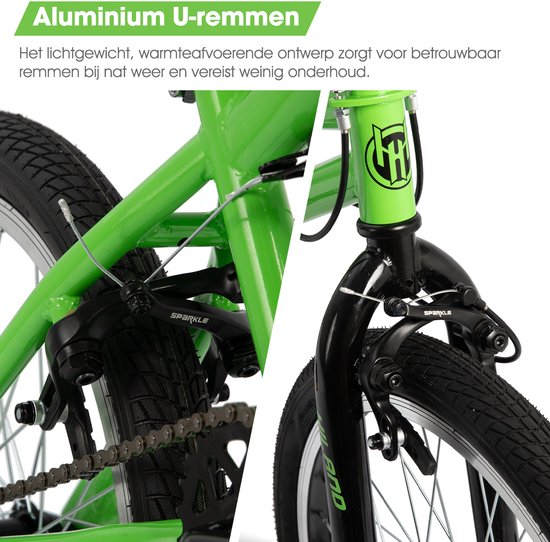Detailopname van de groene kinder BMX fiets: zwart aluminium U-rem aan de voor- en achterkant.