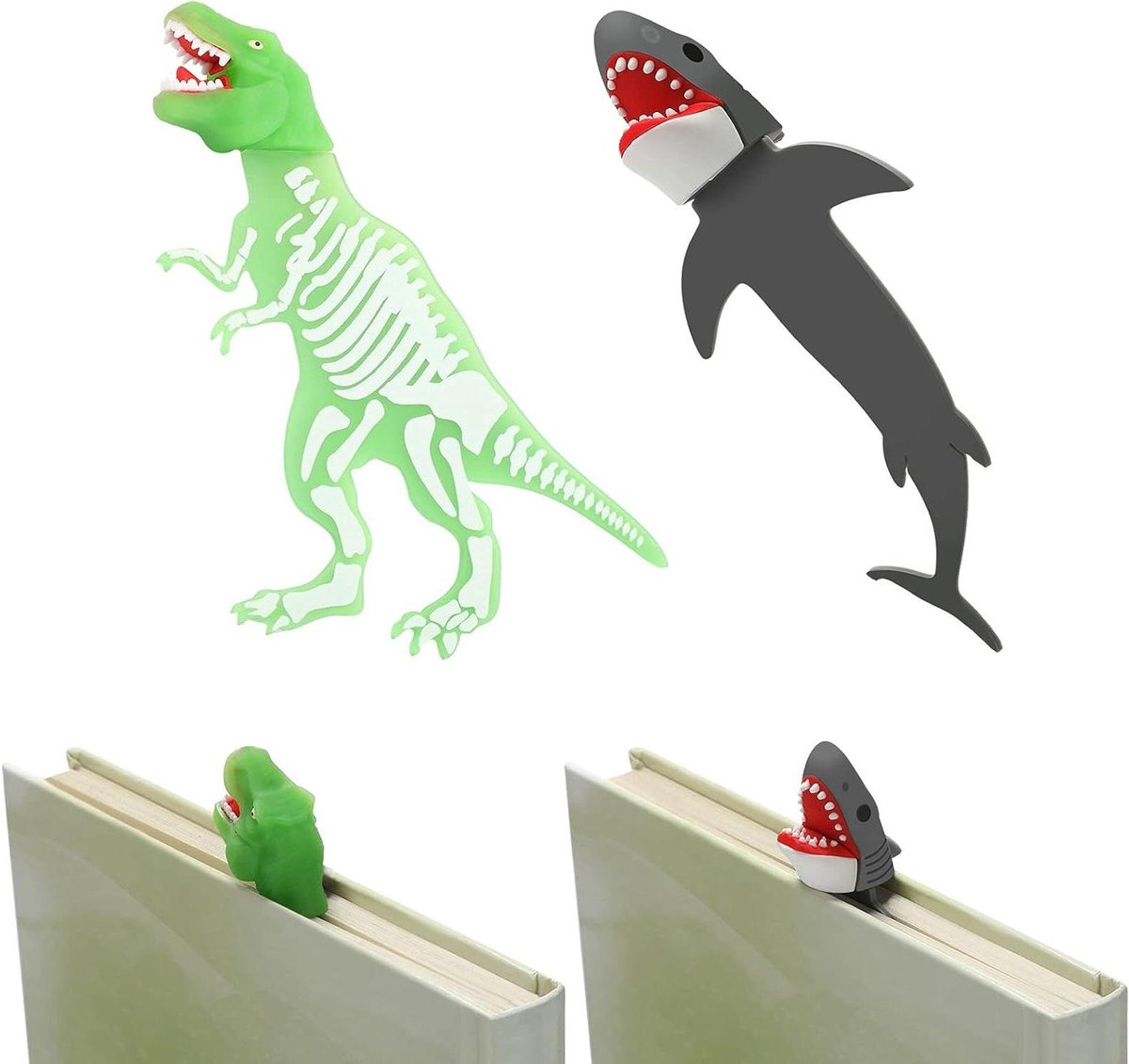 Lichtgevende Bladwijzers - 3D Boekenleggers - Boeken Lezen - Dinosaurus Gloeit - 2 stuks - Groen Grijs