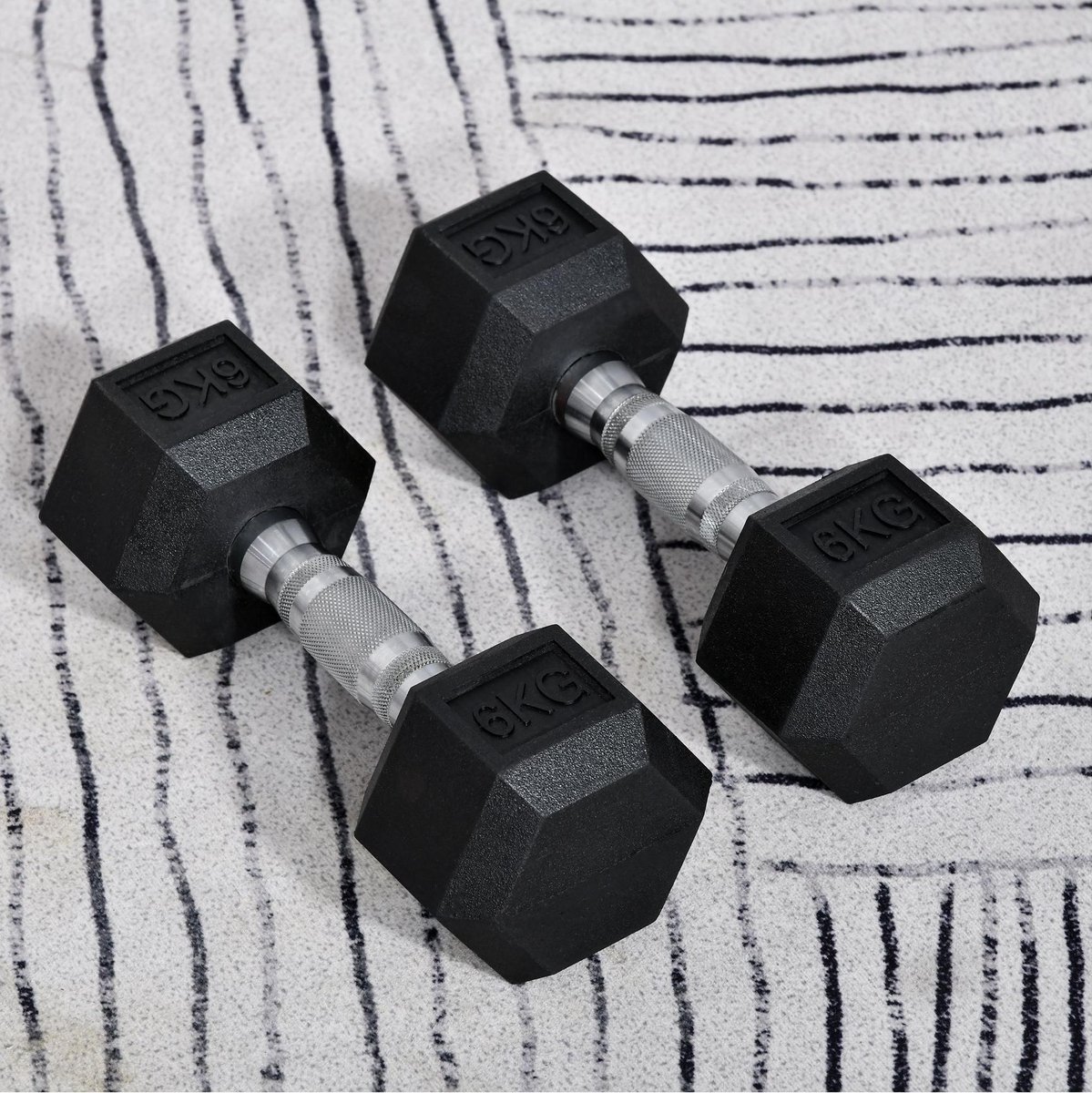 MEUNIQ Hexagon dumbbells 2-delige set 2 x 6 kg met antirolontwerp, gekartelde greep en rubberen coating, zwart, voor thuis, sportschool of kantoor