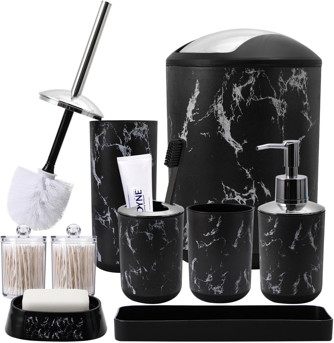 Zwarte marmeren badkameraccessoireset, zwarte badkamerset met prullenbak, make-uplade, zeepdispenser, zeepschaal, tandenborstelhouder, tandenborstelbeker, toiletborstel en Qtip houders voor