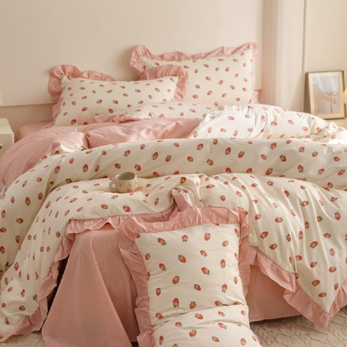 Beddengoed met ruches, 200x200, roze, aardbeien, omkeerbaar beddengoed set van zachte microvezel, OEKO-TEX beddengoed, romantisch dekbedovertrek met ritssluiting en 2 kussenslopen van 80 x