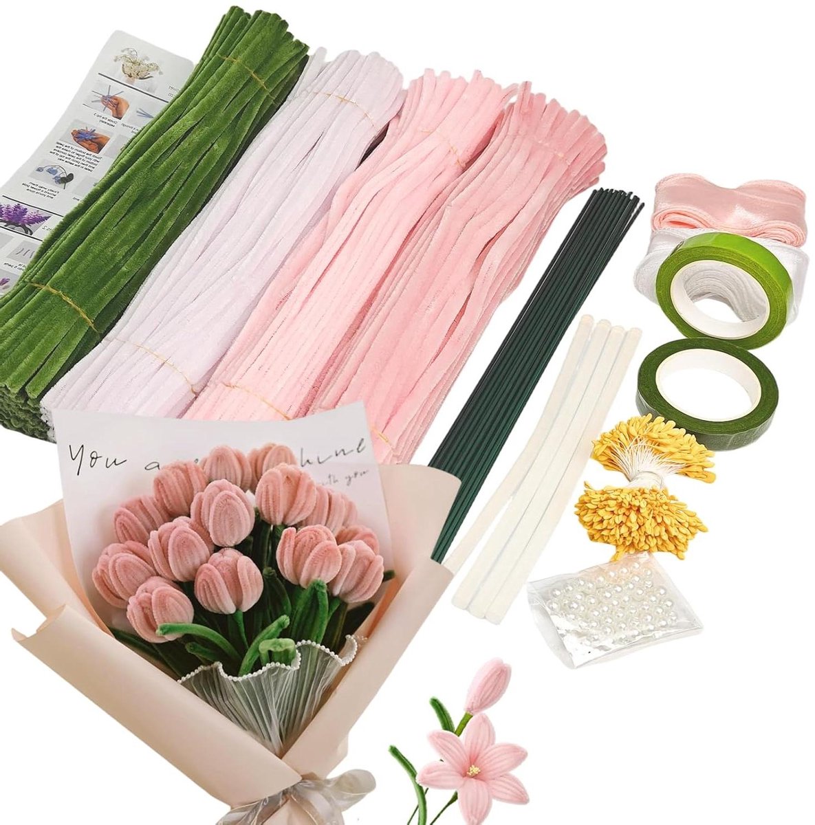 Pijpenragers Bloemenset - Bloemen Draad - Bloemen Maken - Niet Verwelkend - 400 Stuks - Roze Groen