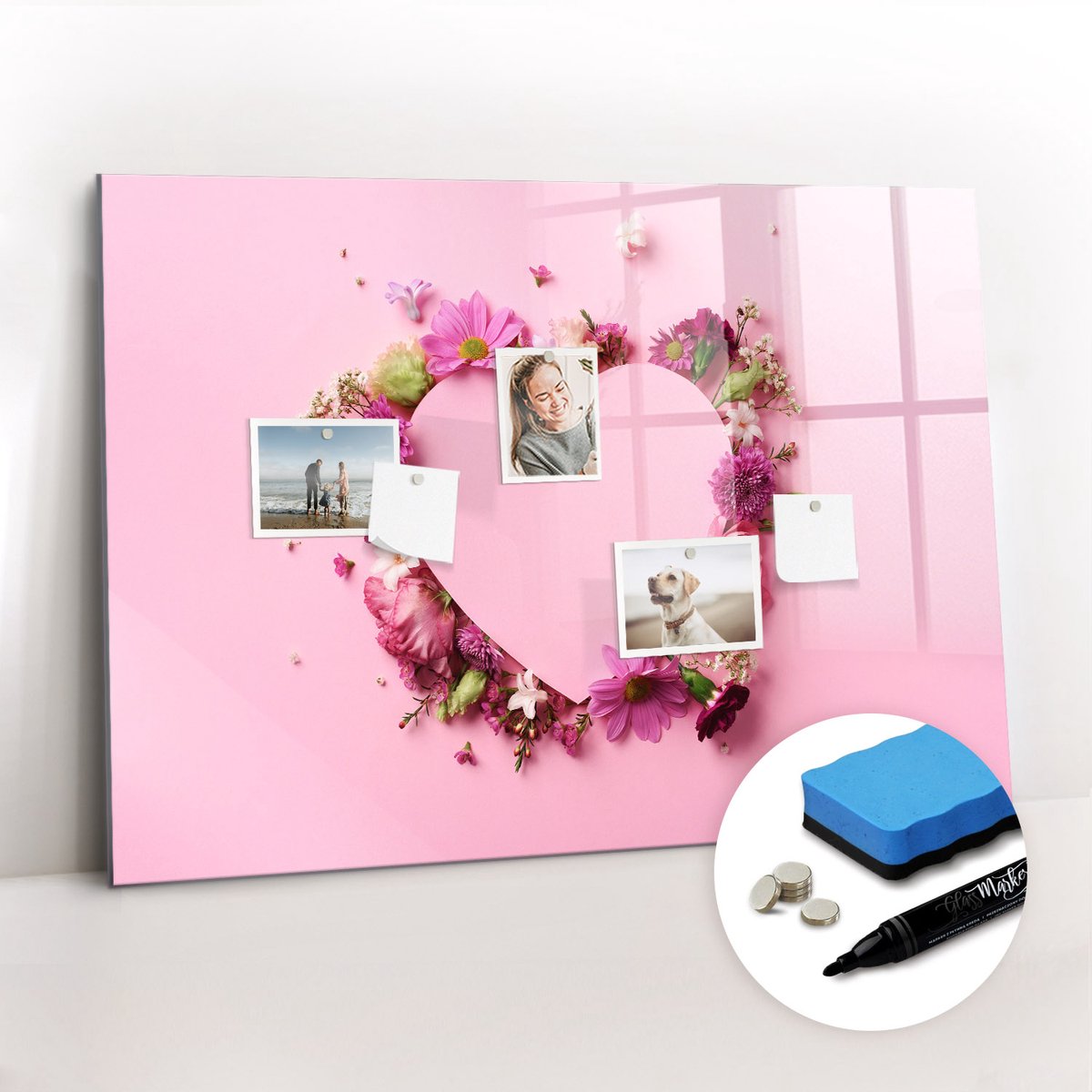 Tulup Whitebord - Hart van bloemen - 100 x 70 cm - Roze Magnetisch Bord - Gratis 5 Sterke Magneten + Whiteboard Marker & Wisser - Minimalistisch Prikbord - Magnetisch Memobord - Organiseer Je Bureau