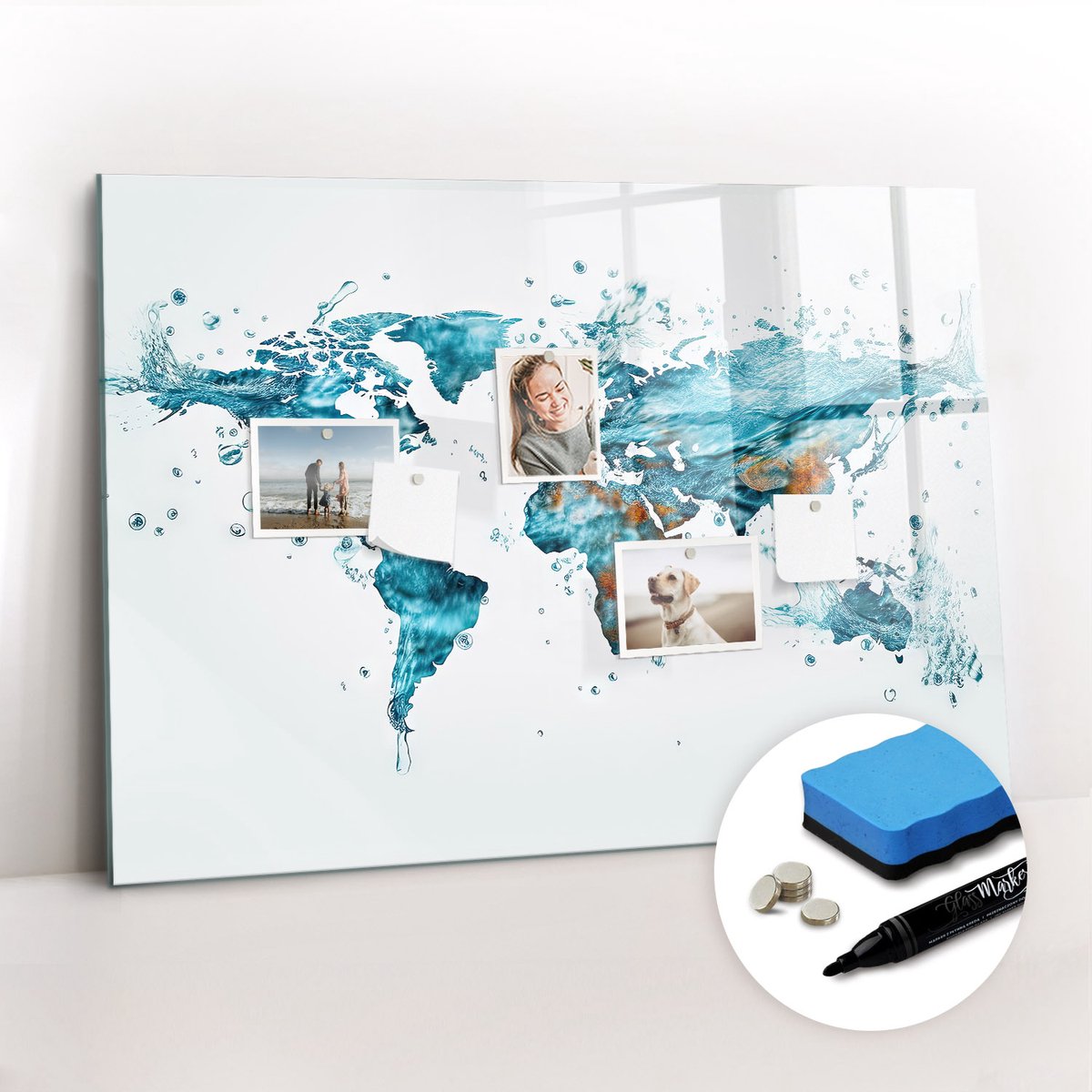 Tulup Whitebord - Waterkaart van de wereld - 100 x 70 cm - Turkoois Magneetbord Muur - Gratis 5 Sterke Magneten + Whiteboard Marker & Wisser - Decoratief Magnetisch Bord - Magnetisch Bord - Productiviteit Tools